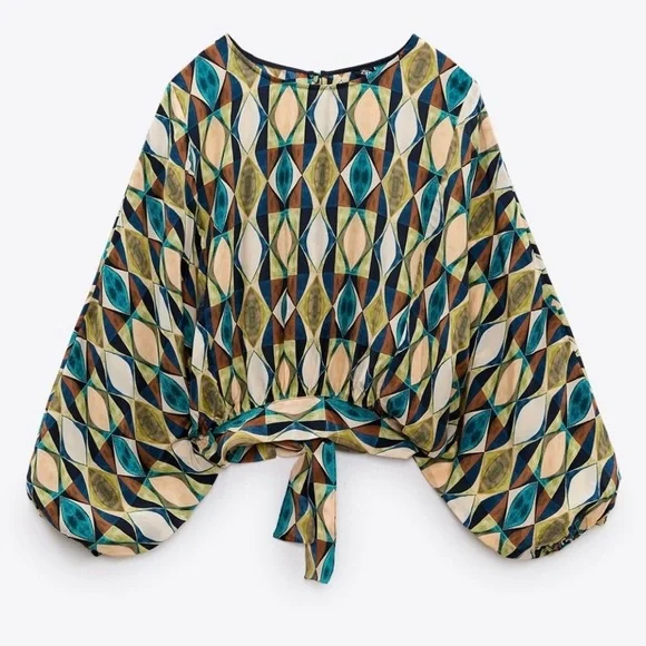 Zara Multicolored Round Neck Bohemian Printed Open Back Tied Top Sz M - Picture 5 of 15